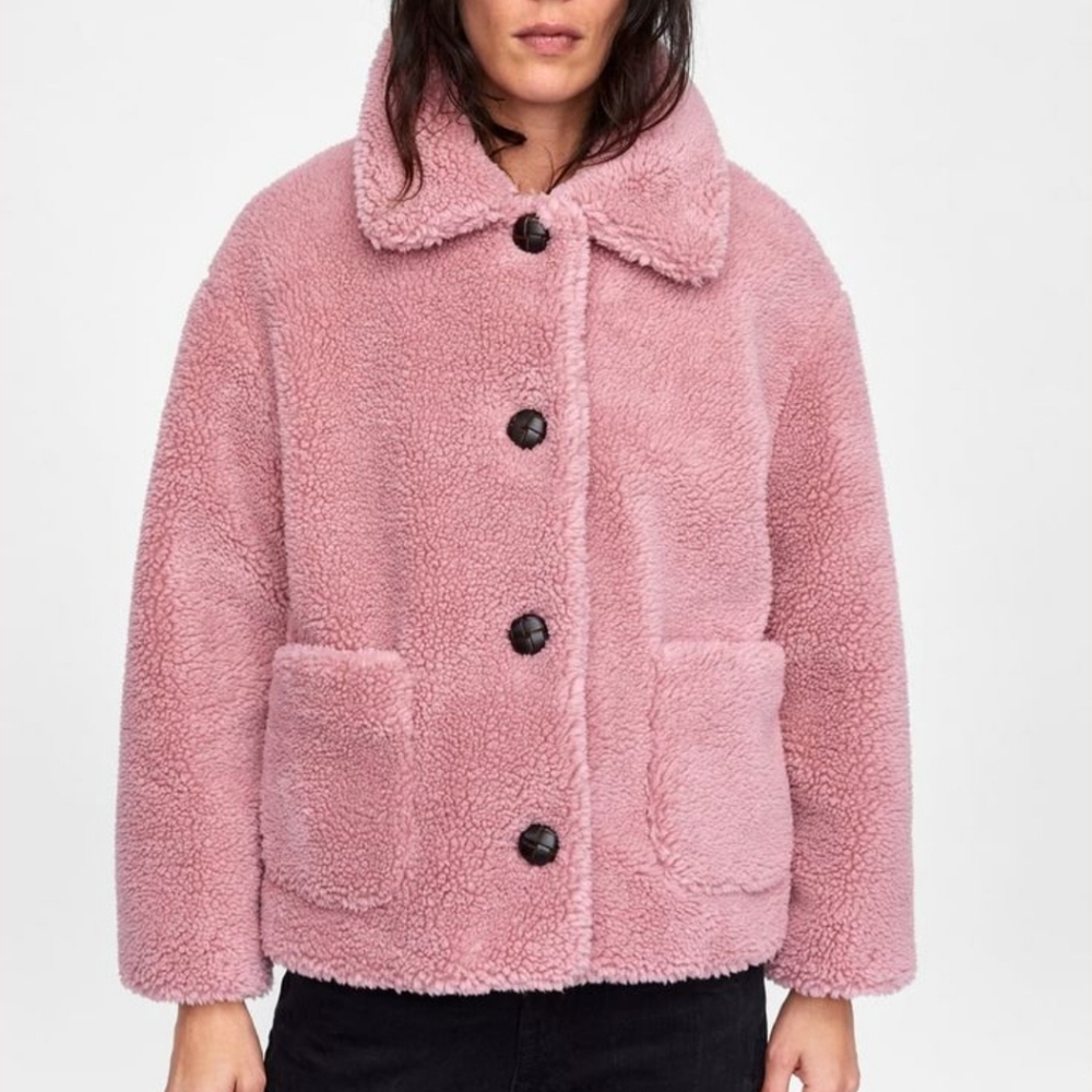 Zara Woman Sherpa Cozy Teddy Fleece Jacket in Pink